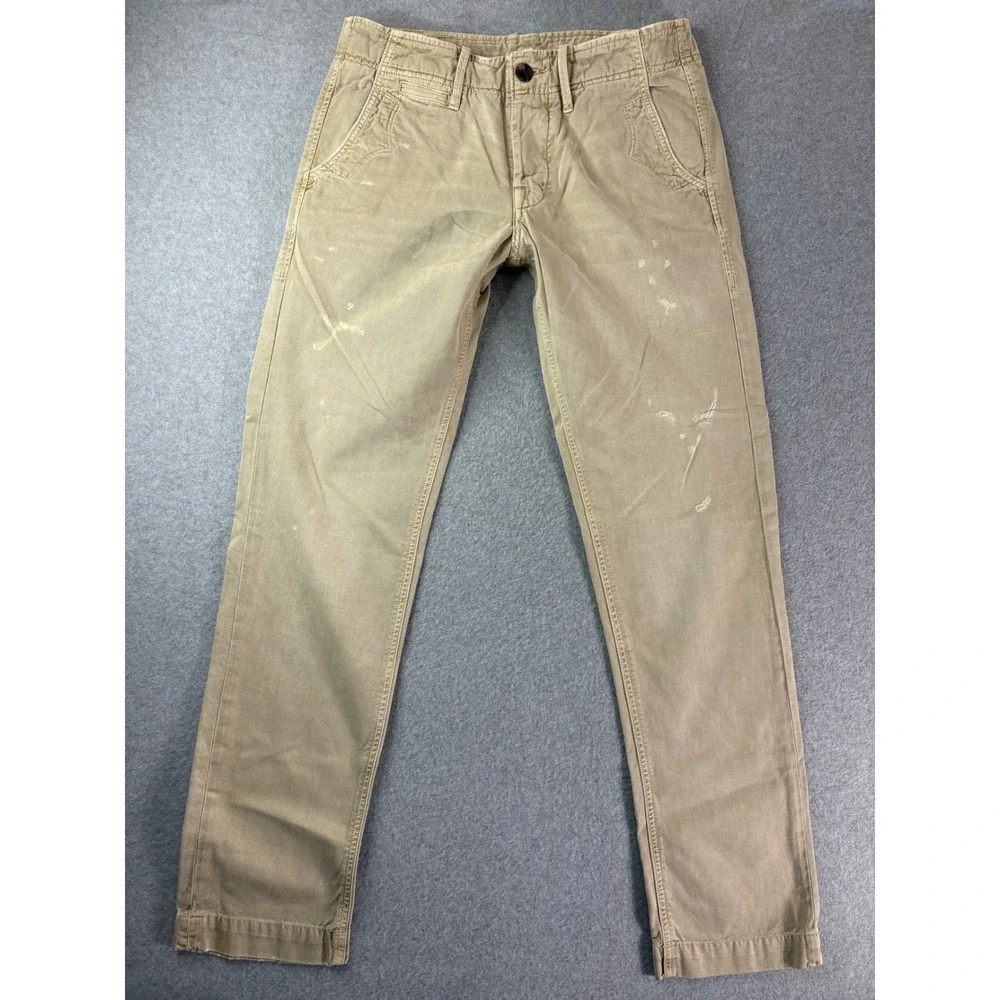 True Religion Mens Khaki Chino Pants Slim Straight Distressed Tan Cotton Size 30